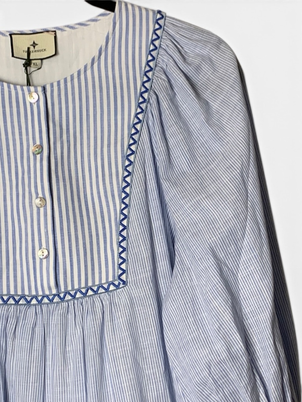 Tuckernuck Jen Dress XL NWT Chambray Blue Stripe Fringe Tassel Cotton Tiered - Picture 11 of 16